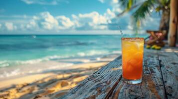 Refreshing Drink on Wooden Table photo