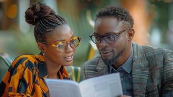 Man and Woman Reading a Book Together photo