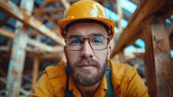 Construction Worker in Hard Hat and Overalls photo