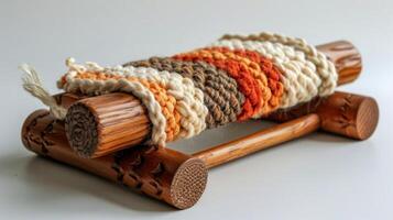 Close Up of Wooden Object With Yarn photo