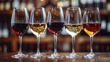 Row of Wine Glasses on Wooden Table photo