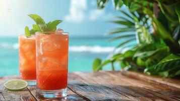 Glasses of Drinks on Wooden Table photo