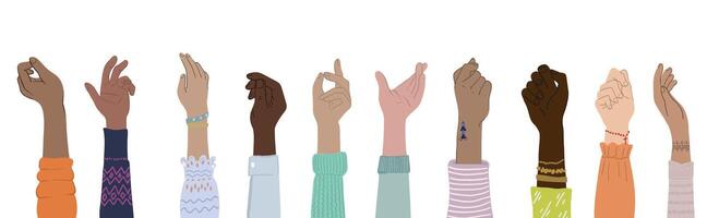 Different people hand palms in flat style. Hands gestures and diversity illustration. Community, teamwork, togetherness concept. Isolated on white. illustration vector