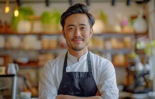 Man Standing in Kitchen With Arms Crossed photo
