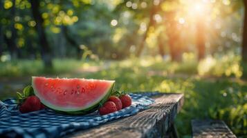 Slice of Watermelon on Wooden Table photo