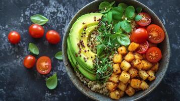Bowl Filled With Rice, Vegetables, and Avocado photo