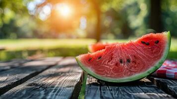 Slice of Watermelon on Picnic Table photo