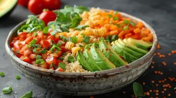 Bowl Filled With Rice, Vegetables, and Avocado photo