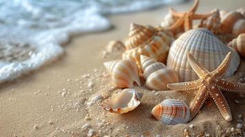 Shells and Starfish on Sandy Beach photo