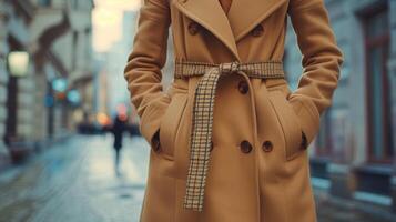 Woman in Tan Coat Walking Down Street photo