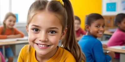 A girl with a ponytail is smiling at the camera in a classroom photo