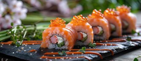 Plate of Sushi With Carrots and Sauce photo