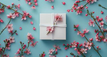 blanco regalo caja con rosado flores foto