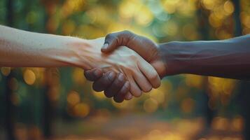 Two People Holding Hands in Front of a Forest photo