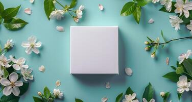 White Square Box Surrounded by Pink Flowers photo