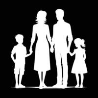A black and white silhouette depicting a family, consisting of two adults and two children. vector
