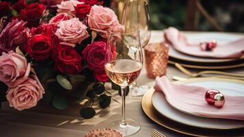 Wedding and event celebration tablescape with flowers, formal dinner table setting with roses and wine, elegant floral table decor for dinner party and holiday decoration, home styling photo