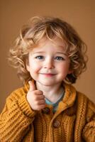 A little boy with curly hair giving the thumbs up photo