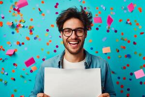 Man with glasses wears blue jacket and holds up piece of paper in front of colorful background photo
