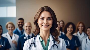 un grupo de gente, incluso un mujer en un blanco abrigo, son sonriente para un foto