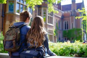 A young couple sits on a bench with their backpacks on, looking at a building photo