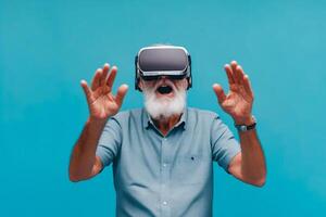 Older man with beard is trying out the virtual reality experience provided by Oculus photo