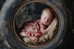 A baby is sleeping in a tire photo