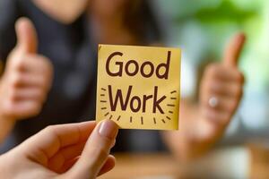 A person holding up a sticky note with the word good work photo