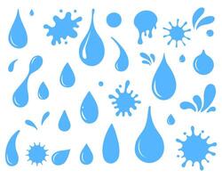 Water drops and splash silhouette set. Blue different liquid shapes collection isolated on white background. Simple doodle style. vector