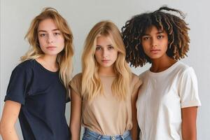 Three women with different hair colors and styles pose for a photo