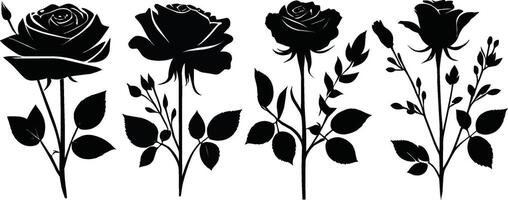 Set of decorative rose flowers with leaves black silhouette of isolated on a white background vector