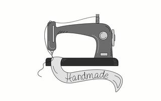 Sewing machine, handmade, hobby sign. Working tool for needlework. Drawing, doodle, hand lettering, illustration, white isolated background. vector