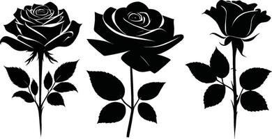 Set of decorative rose flowers with leaves black silhouette of isolated on a white background vector