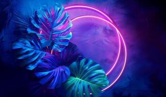 Vibrant neon fluorescent tropical monstera leaves and plants, neon round frames, abstract banner, background photo
