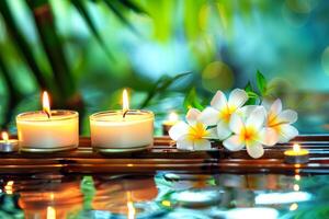 Two burning cosmetic candles on a bamboo stand, frangipani flowers and tropical leaves reflected in the water, bokeh, relaxation spa background photo