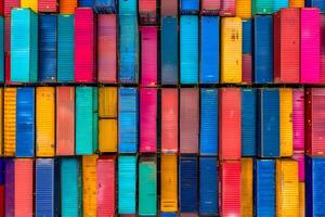 colorful roofs of cargo containers, logistics hub, transportation and delivery of railway cargo, top view photo
