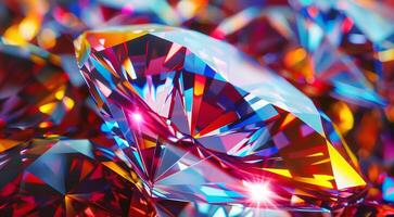 Close-up of a large shining diamond on a colourful bokeh brilliant background photo