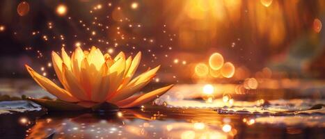 Yellow golden lotus on the water with bokeh light background. Golden times photo