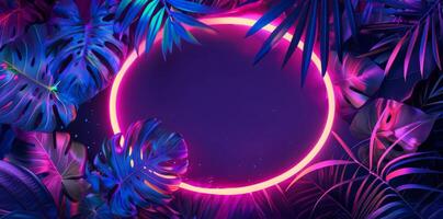 Vibrant neon blue and purple tropical palm leaves and plants, neon oval frame, abstract banner, background photo