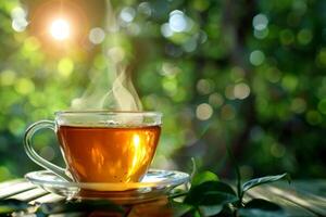 Cup of tea on wooden table with green nature bokeh background photo