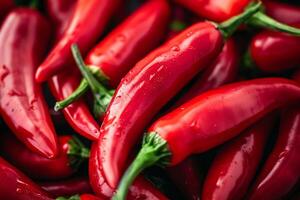 juicy ripe pods of hot cayenne and chili peppers, spices, top view photo