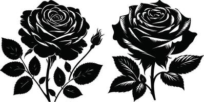 Set of decorative rose flowers with leaves black silhouette of isolated on a white background vector