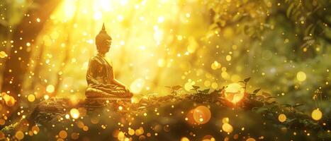 Golden vintage antique Buddha statue in the park with golden bokeh background photo