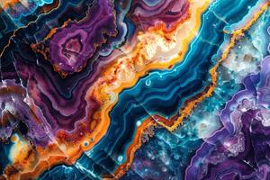 Marble onyx texture background. Abstract colorful marble pattern with agate crystals, with blue, purple and yellow veins photo