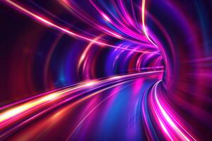 Futuristic tunnel made of glowing neon purple and violet lines. Abstract motion background photo
