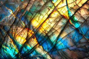 Multicolored Labradorite stone texture, abstract background with blue, green, yellow and orange veins photo