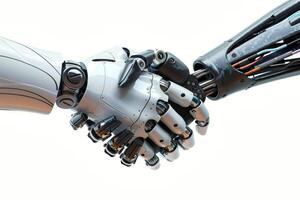 two humanoid robots hand shake on white background photo