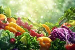 vegetarian border of fresh wet vegetables and fruits against a shining green bokeh background. healthy and vitamin nutrition photo