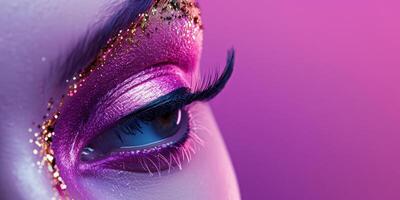 False eyelashes, eyelash extensions, eyelashes of beautiful woman with bright lilac, purple makeup and gold sparkles photo