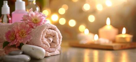 Spa still life with lotions, cosmetics in a dispenser bottles, towels, aromatic candle and tropic flowers on blurred background, Spa salon photo